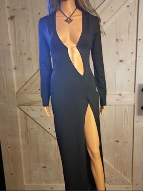 Fashion Nova Asymmetrical Plunge V-Neck High Slit Maxi Dress 👗